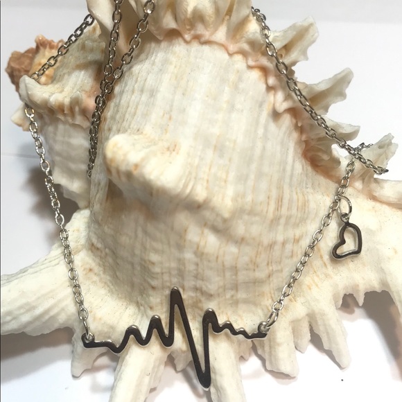 EKG Heartbeat & Dangle Heart Necklace/Silver Plate - Picture 3 of 3